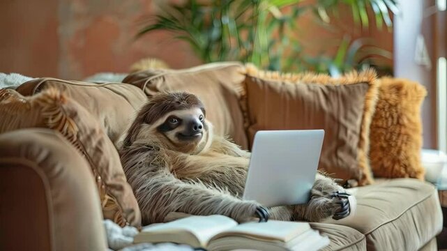 A cute sloth working slowly at the computer, its gentle movements and relaxed demeanor creating an adorable and amusing scene	 &ndash; AI animation, 4k video	