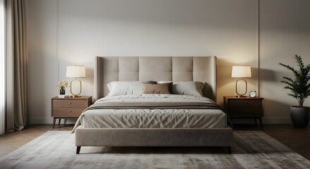 Serene Beige Bedroom Design Upholstered Bed, Nightstands, and Warm Lighting