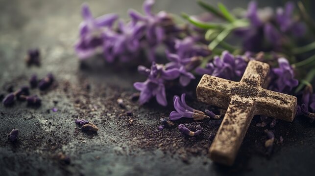 Cross and lavender flowers still life photography for religious and spiritual themes stock image download