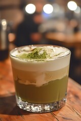 Glass refreshing iced matcha latte served with a sprinkle matcha powder