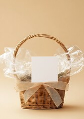A gift basket with transparent cellophane and ribbon wrapped around it, holding an empty card for text or design on the front