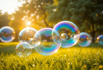Iridescent Soap Bubbles Floating in Lush Meadow During Golden Hour Serenity