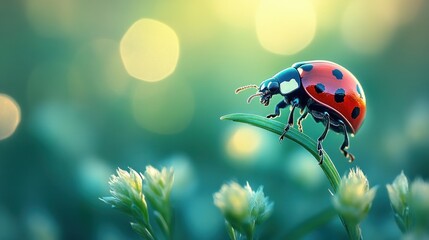 Naklejka premium Ladybug on blade of grass, sunrise in flowers, nature scene
