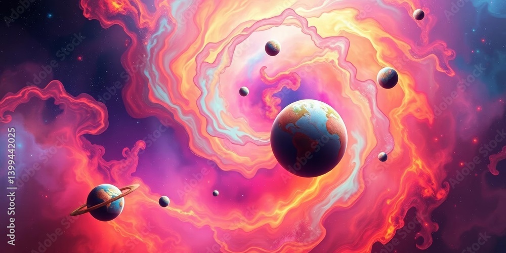 Wall mural vibrant nebula swirls surround abstract, colorful planets floating in cosmic space, nebula clouds, s