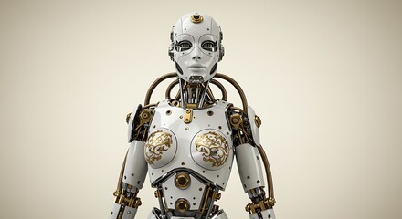 Standing Robot with White Metal and Intricate Gold Designs Closeup