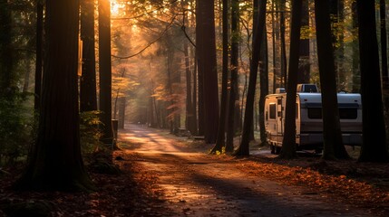 Fototapeta premium Golden Hour Camping Adventure on a Serene Forest Road Scenic Landscape Peaceful Environment Relaxed Viewpoint