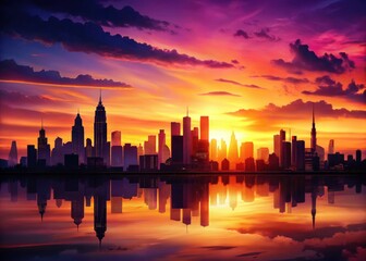 Fototapeta premium Dramatic City Skyline Silhouette Sunset Photography - Stunning Water Reflection