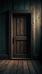 Wood planks background with eerie dim light and old wooden door in the center, dark wood, eerie ambiance