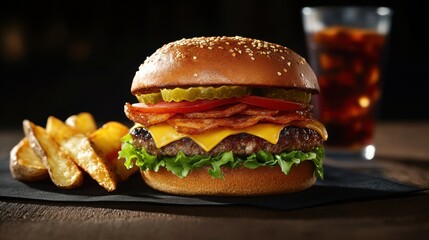 Delicious burger with bacon and cheddar near potato wedges on wood table perfect for restaurant menu