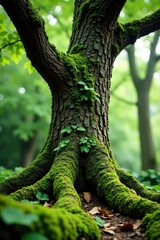 Ancient tree with moss and lichen growing on its trunk, lichen, greenery