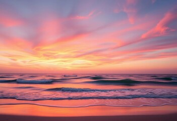 Obraz premium Vibrant orange and pink sunset sky over calm ocean waves on sandy beach, illustration, element