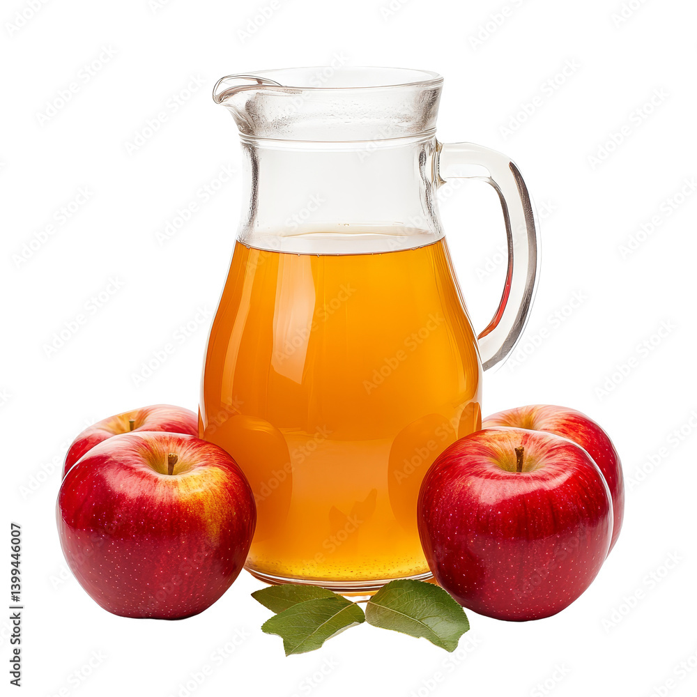 Poster fresh apple juice jug surrounded by red apples on a transparent background with green leaves, a jug 