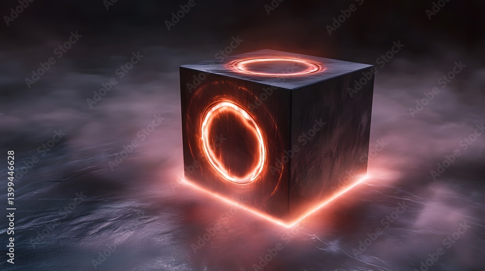Poster a dark cube with glowing circular patterns on its surface