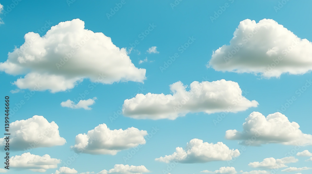 Poster a serene blue sky filled with fluffy white clouds, creating a tranquil and uplifting atmosphere, per