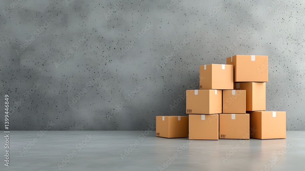 Poster arrangement of various stacked and scattered corrugated cardboard boxes in muted tones showcasing te