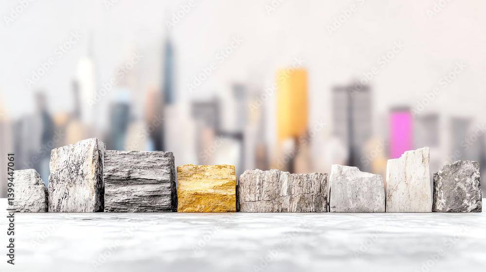 Poster a striking display of stones with a golden focus against a blurred city skyline, emphasizing urban d
