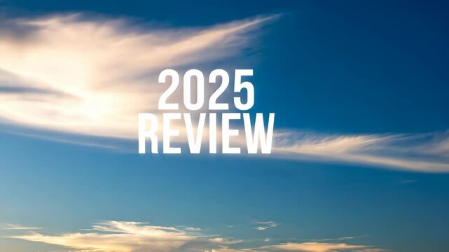 2025 Review text displayed against a beautiful blue sky with wispy clouds at sunrise, sunset, or golden hour.