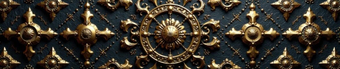 Dark gold metallic wall ornament textured background with intricate patterns and geometric shapes , dark gold, texture, luxury