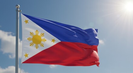 Naklejka premium Philippine Flag Waving Proudly Under a Bright Sunny Sky: A Symbol of Freedom and National Identity