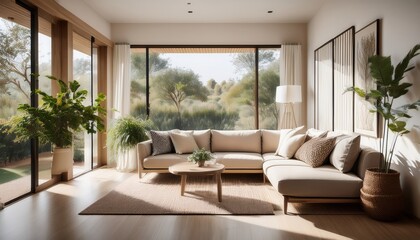 Fototapeta premium Elegant and airy space with a spacious sofa and organic decor
