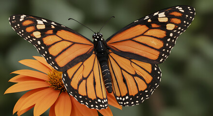 Naklejka premium Close-up of a Monarch butterfly with wings spread open, resting on a green leaf, detailed view of its body and wing patterns.