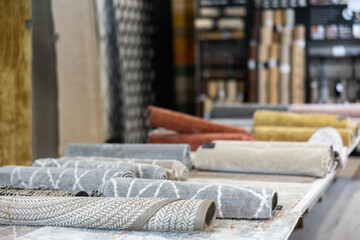 Shop window presents several carpet options, different sizes and colors. You can buy variety of...