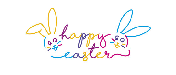 Easter handwritten colorful calligraphy lettering typography with happy Easter bunny line design greeting card banner on white background © simbos