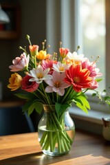 Fresh spring flowers in a bouquet sit on a wooden table with a lamp beside it, , interior design