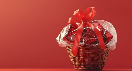 A gift basket wrapped in cellophane with a red ribbon, isolated on a solid color background