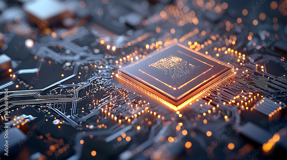 Poster technological breakthrough microchip innovations digital realm electronic components high-tech envir