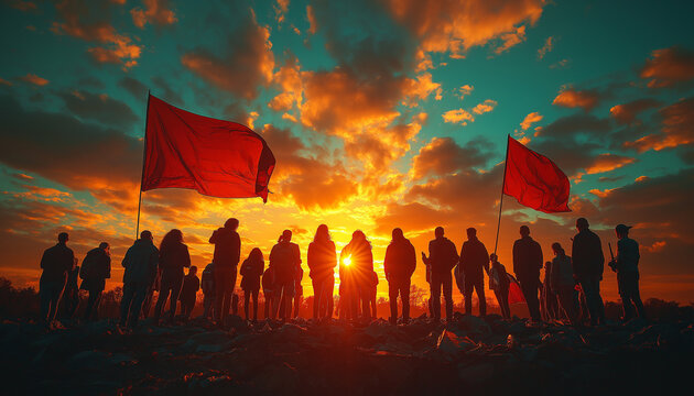 Silhouetted crowd of protesters with red flags at sunset - Powered by Adobe
