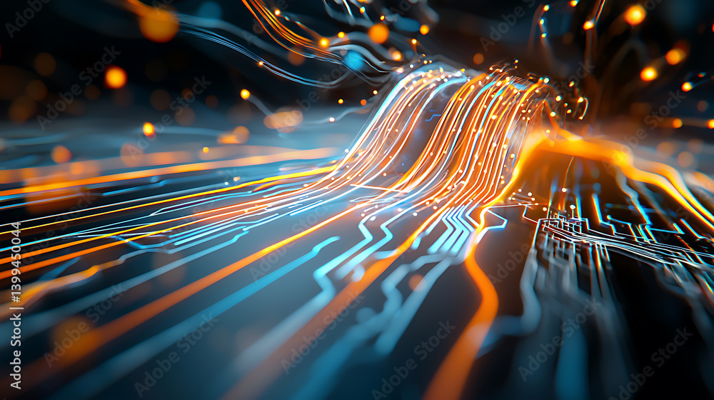 Poster Dynamic flow of data waves digital space abstract visualization futuristic environment close-up view conceptual technology