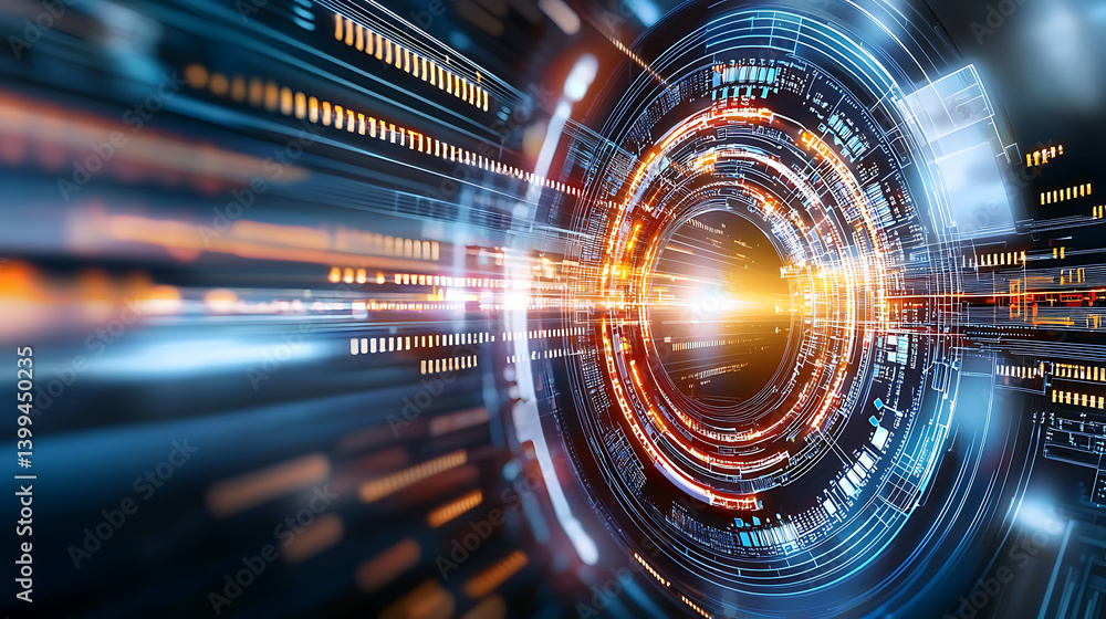 Poster dynamic light trails and circular patterns futuristic digital environment abstract visuals high-tech