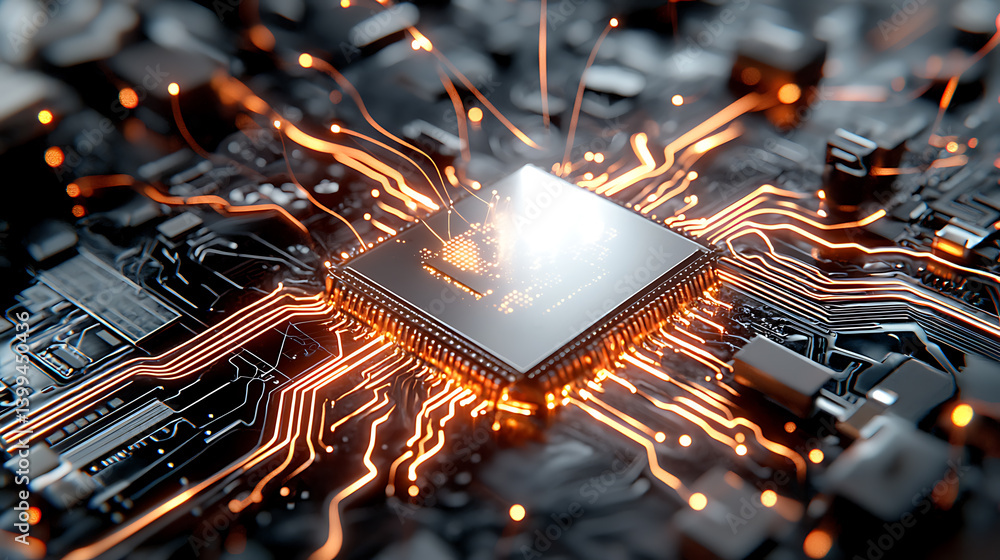 Poster technological breakthrough microchip innovation digital lab visual representation high-tech environm
