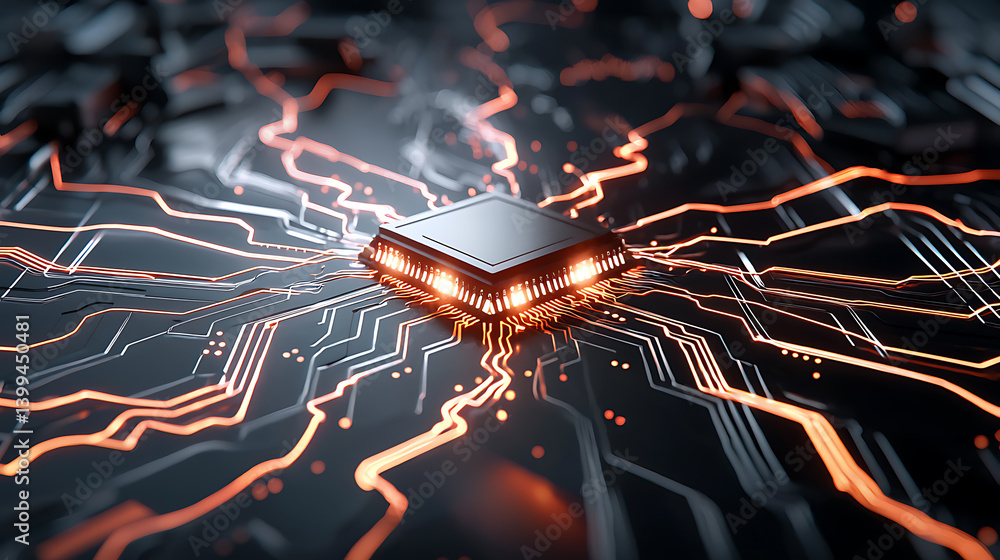 Poster technological innovation event featuring microprocessor circuits digital space graphic visualization