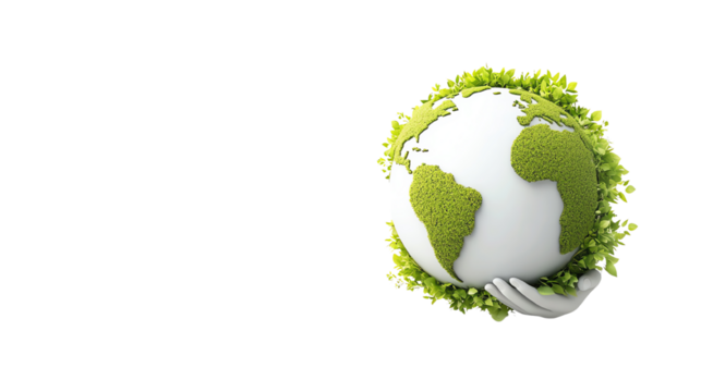 A hand gently holding a green and white planet Earth, symbolizing care for the environment and sustainability.