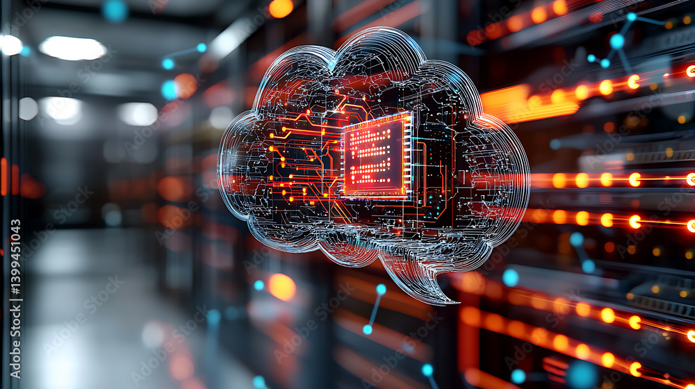 Poster cloud computing revolution data management server room digital art high-tech environment futuristic 