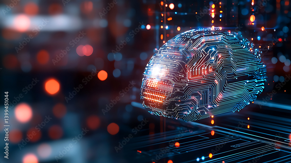 Poster innovative technology showcase digital circuit brain virtual environment 3d animation futuristic con