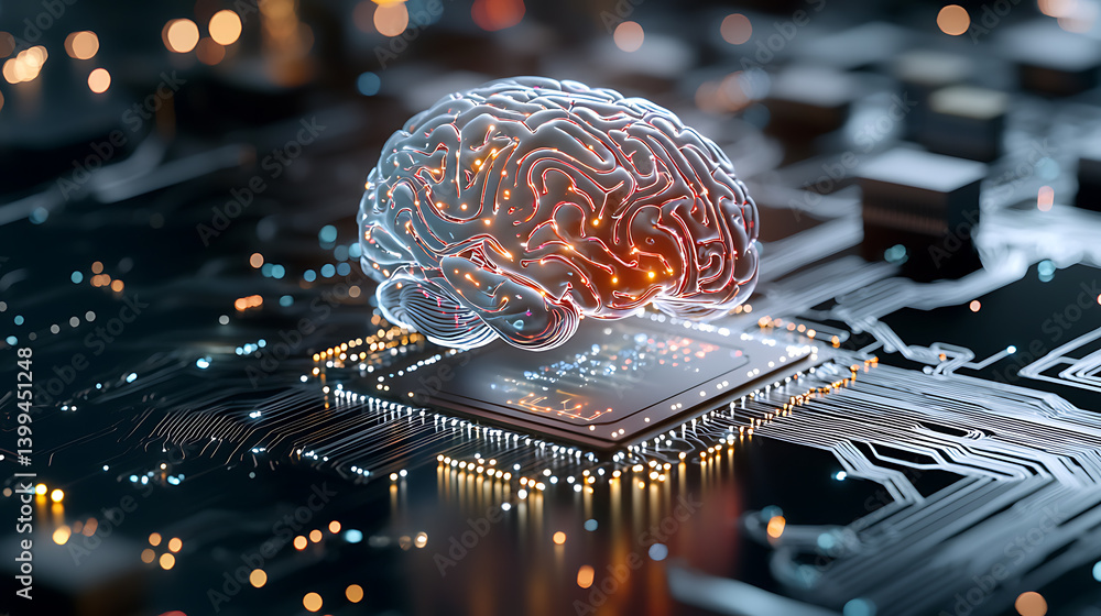 Poster innovative technology showcases artificial intelligence brain on circuit board digital atmosphere 3d