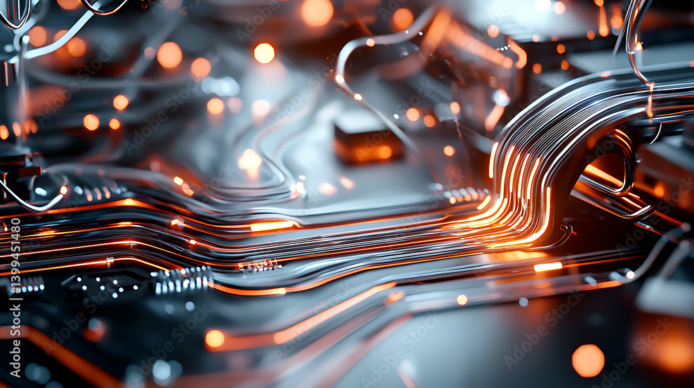 Poster dynamic circuitry interaction digital environment abstract visuals high-tech atmosphere close-up per