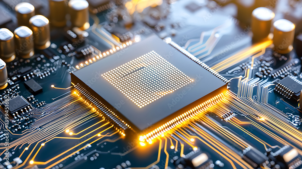 Poster innovative technology action circuit board visuals electronics lab digital realm close-up view moder
