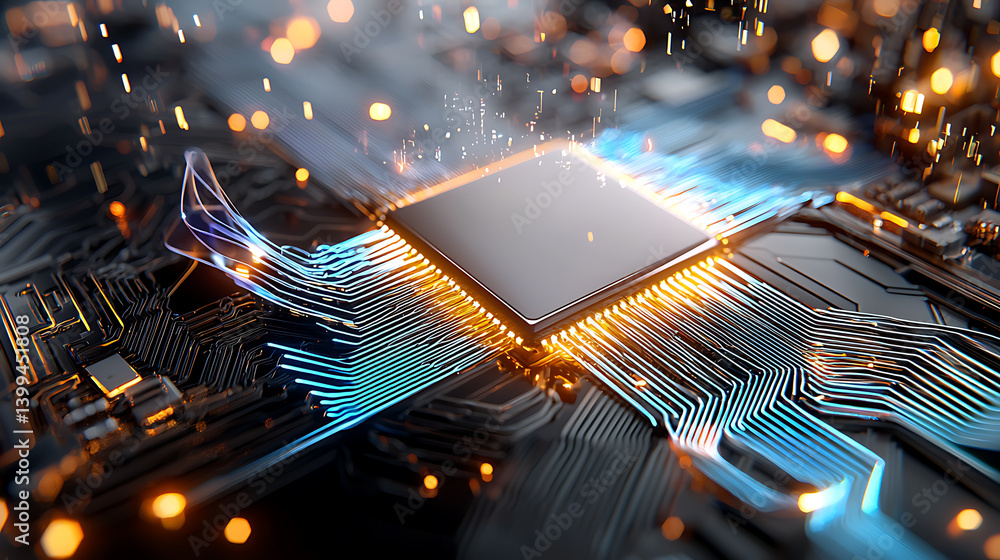 Poster technological innovation in action microchip development digital realm abstract art futuristic envir