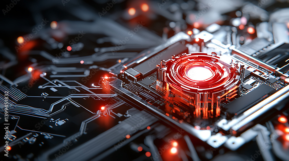 Poster exploring digital innovation circuitry design technology lab graphic visuals futuristic environment 