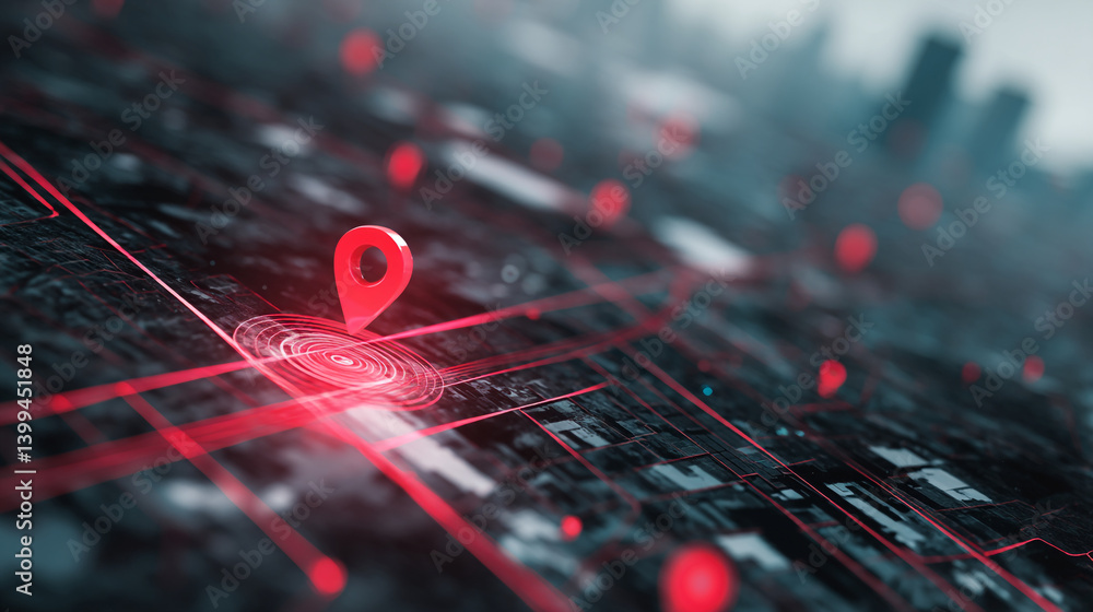 Poster red location pin on a digital city map with glowing lines and blurred buildings in the background