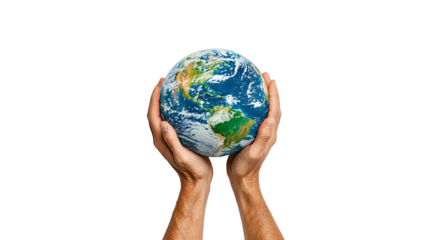 Hands holding a small globe representing care for the Earth, on white isolated background.