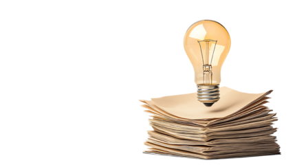 Light bulb over stack of papers, symbolizing new ideas and inspiration in the workplace.