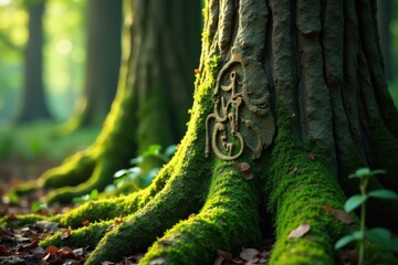 Moss-covered tree trunks with strange symbols etched into bark, exotic, foliage