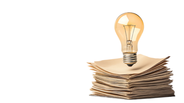 Light bulb over stack of papers, symbolizing new ideas and inspiration in the workplace.