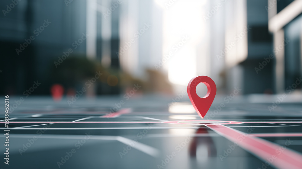 Poster red location pin on a city map with blurred buildings in the background indicating navigation
