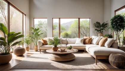 Elegant and airy space with a spacious sofa and organic decor